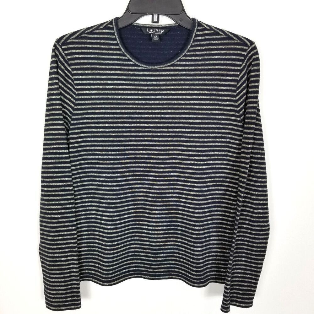 Lauren Ralph‎ Lauren Womens Shirt Size L Navy Gold Stripe Long Sleeve Cruise